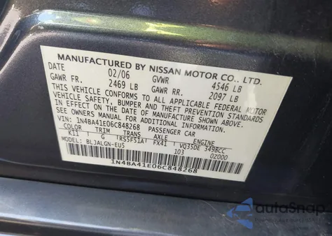 2006 Nissan Maxima 3.5 Sl z USA, uszkodzony, nr VIN 1N4BA41E06C848268